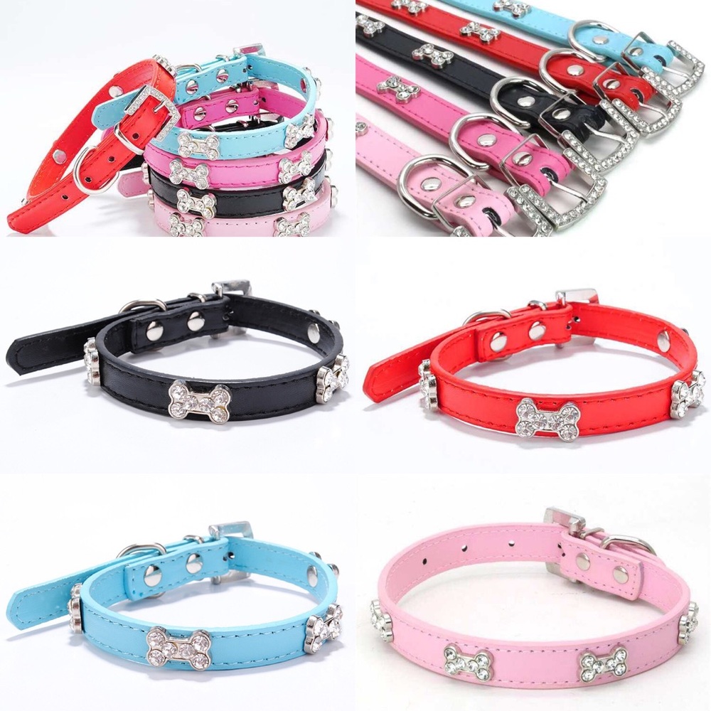 Dog Pet Bling Bone PU Leather Collar Rhinestone